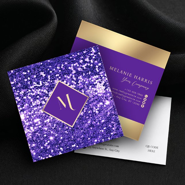 Lila Glitter Geometric Guld Ram Snyggt Fyrkantigt Visitkort (Skapare uppladdad)