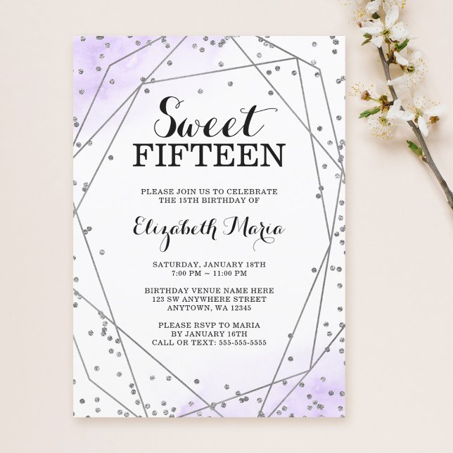 Lila Glitter Geometric Sweet 15 Quinceañera Inbjudningar (Skapare uppladdad)