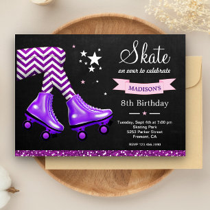 Lila Glitter Girls Roller Skating Födelsedagsfest Inbjudningar