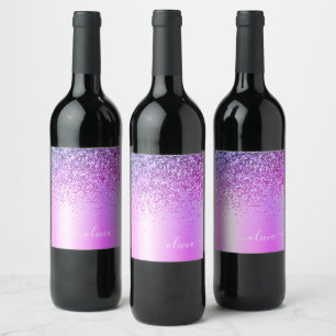 Lila Glitter Glam Metallisk Monogram Namn Vinflaska Etikett