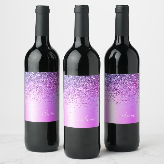 Lila Glitter Glam Metallisk Monogram Namn Vinflaska Etikett (Flaskor)