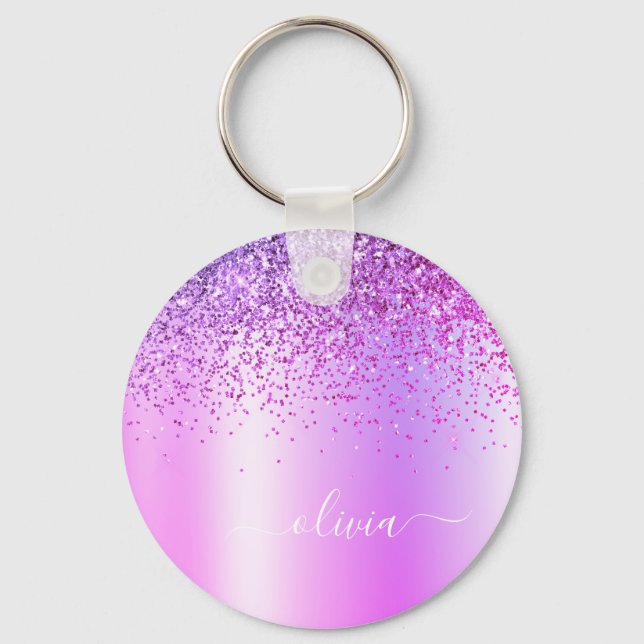 Lila glitter glam metallisk monogramnamn nyckelring (Framsida)