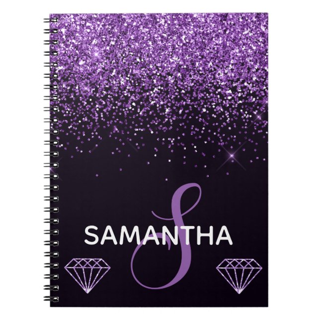 Lila Glitter Glans & Diamanter Monogram Anteckningsbok (Framsidan)