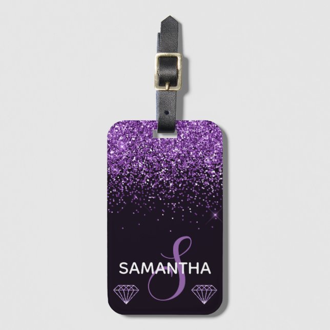 Lila Glitter Glans & Diamanter Monogram Bagagebricka (Framsida vertikal)