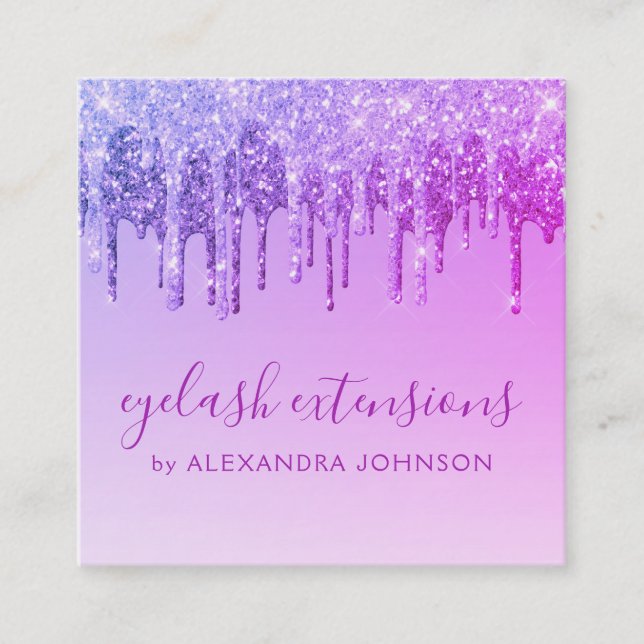 Lila Glitter Gnistra Eyelash Extensions Fyrkantigt Visitkort (Framsida)