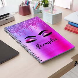 Lila Glitter Gnistra Eyelash Monogram Namn Anteckningsbok