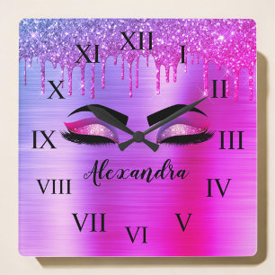 Lila Glitter Gnistra Eyelash Monogram Namn Fyrkantig Klocka