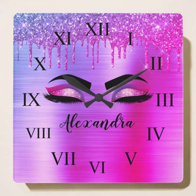 Lila Glitter Gnistra Eyelash Monogram Namn Fyrkantig Klocka (Skapare uppladdad)