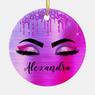Lila Glitter Gnistra Eyelash Monogram Namn Julgransprydnad Keramik