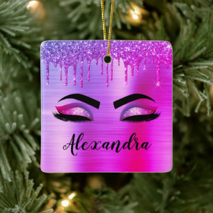 Lila Glitter Gnistra Eyelash Monogram Namn Julgransprydnad Keramik