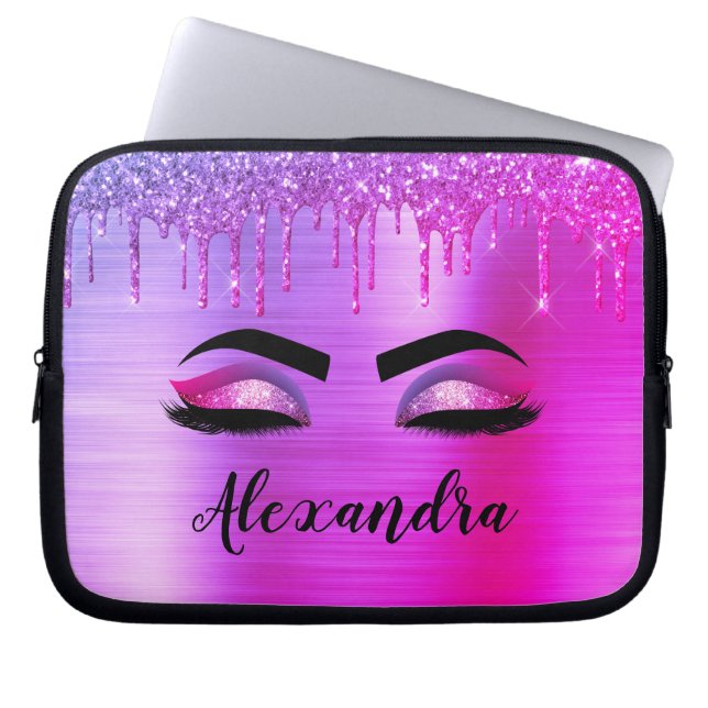 Lila Glitter Gnistra Eyelash Monogram Namn Laptop Fodral (Framsidan)
