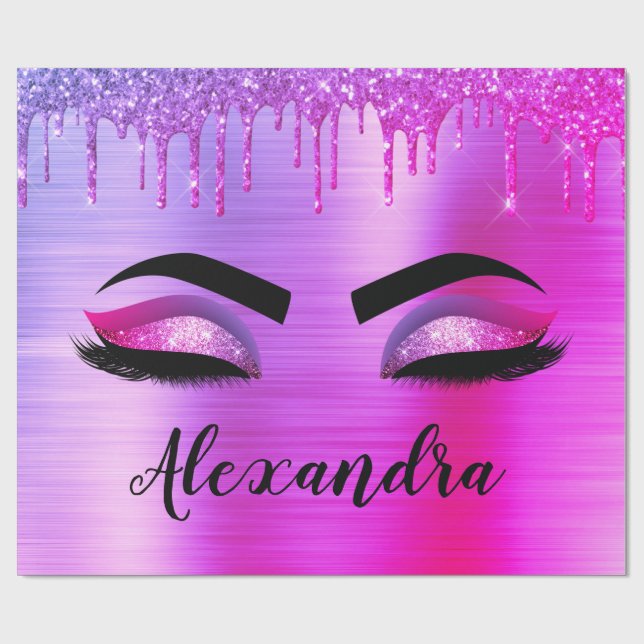 Lila Glitter Gnistra Eyelash Monogram Namn Presentpapper (Platt)