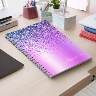 Lila Glitter Gnistra Glam Metall Monogram Namn Anteckningsbok