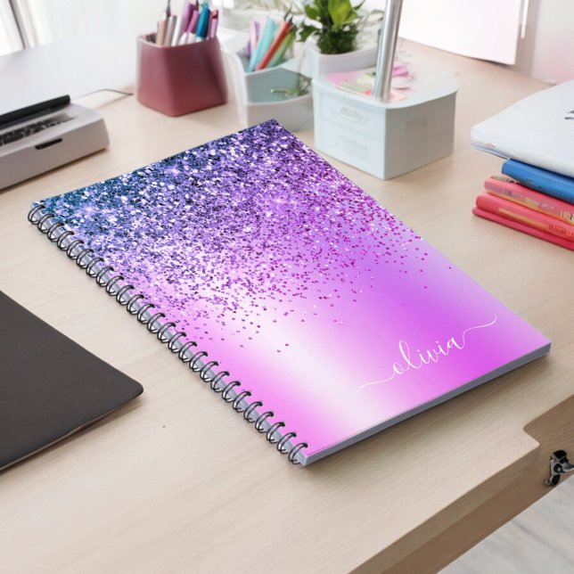 Lila Glitter Gnistra Glam Metall Monogram Namn Anteckningsbok (Skapare uppladdad)
