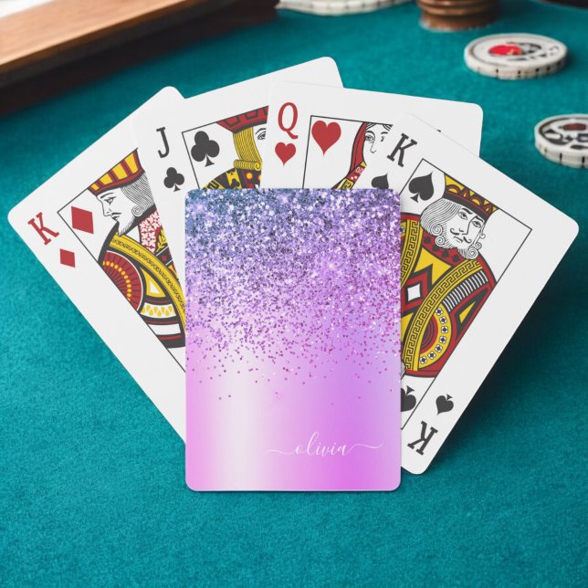 Lila Glitter Gnistra Glam Metall Monogram Namn Casinokort (Skapare uppladdad)