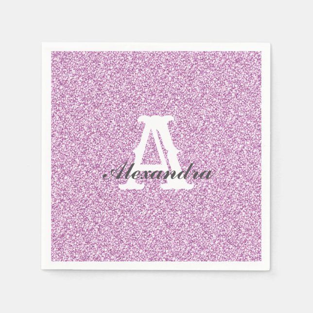 Lila Glitter & Gnistra Monogram Napkin Pappersservett (Framsidan)