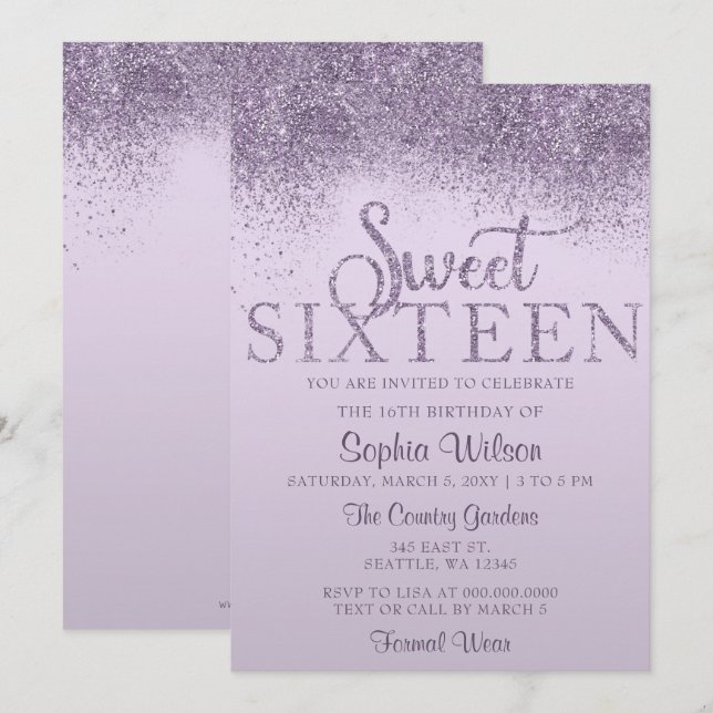 Lila Glitter Gnistra Sweet 16 Birthday Inbjudningar (Fram/baksida)