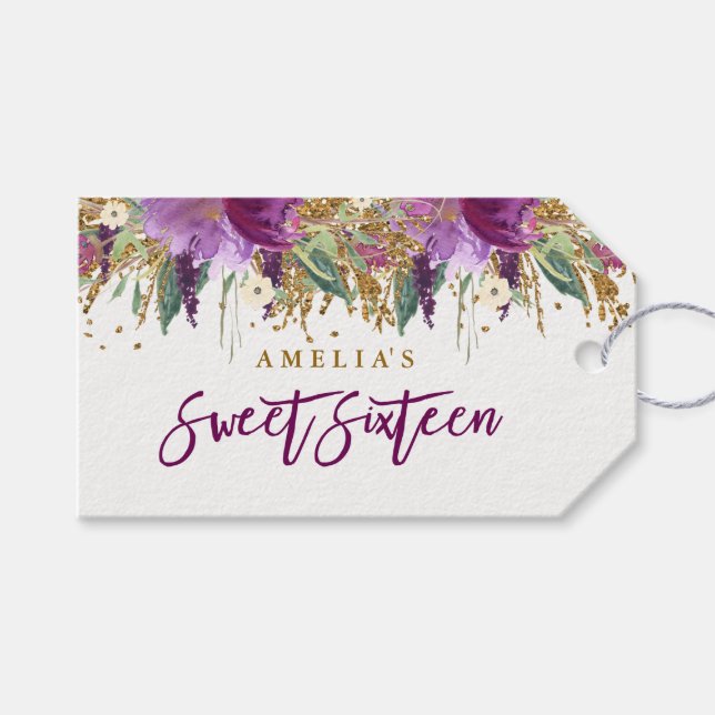 Lila glitter gnistrande ametist Sweet 16-etiketter Presentetikett (Framsidan (Horisontell))