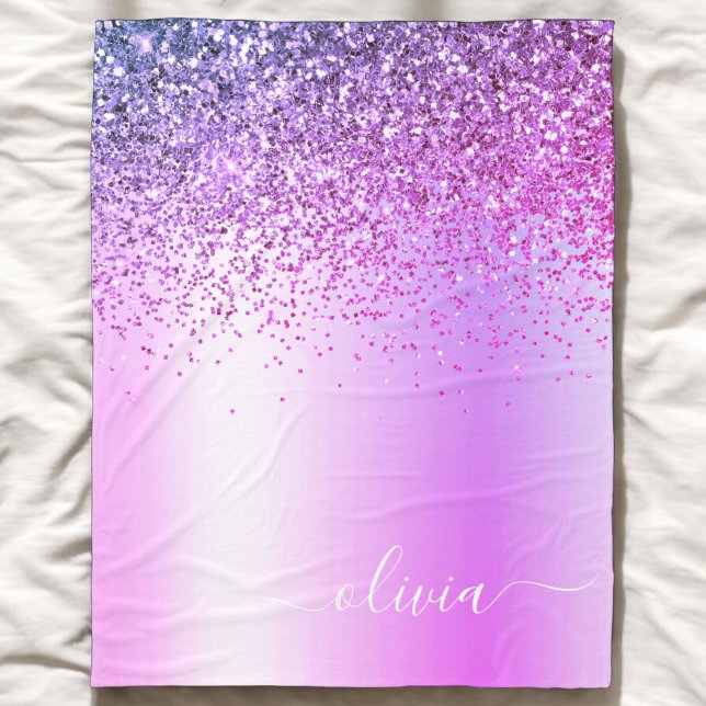 Lila Glitter Gnistrande Metall Monogram Namn Fleecefilt (Skapare uppladdad)