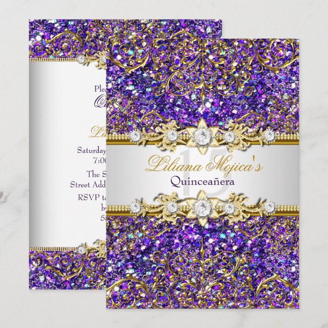 Lila Glitter & Guld Damask Quinceanera Inbjudan (Fram/baksida)