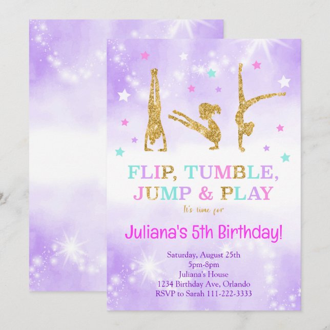 Lila Glitter Gymnastic Birthday-inbjudan Inbjudningar (Fram/baksida)