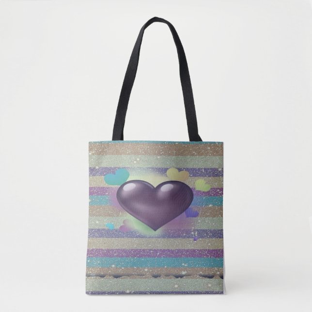 Lila Glitter Heart Tote Bag Tygkasse (Framsida)