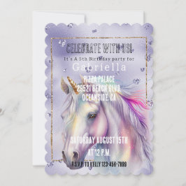 Lila Glitter Hearts Unicorn Inbjudningar
