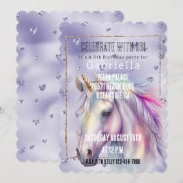 Lila Glitter Hearts Unicorn Inbjudningar