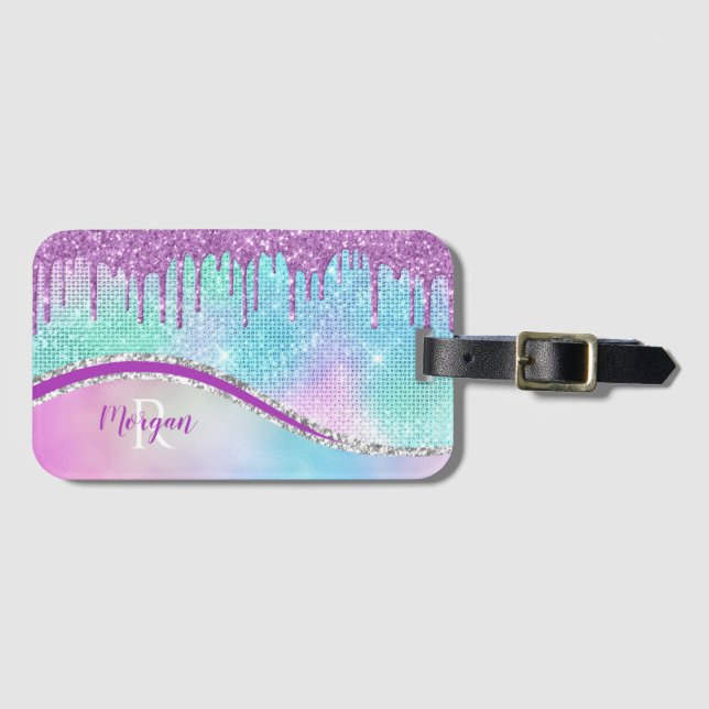 Lila Glitter, Iridescent, Namn och Monogram Bagagebricka (Framsida horisontal)