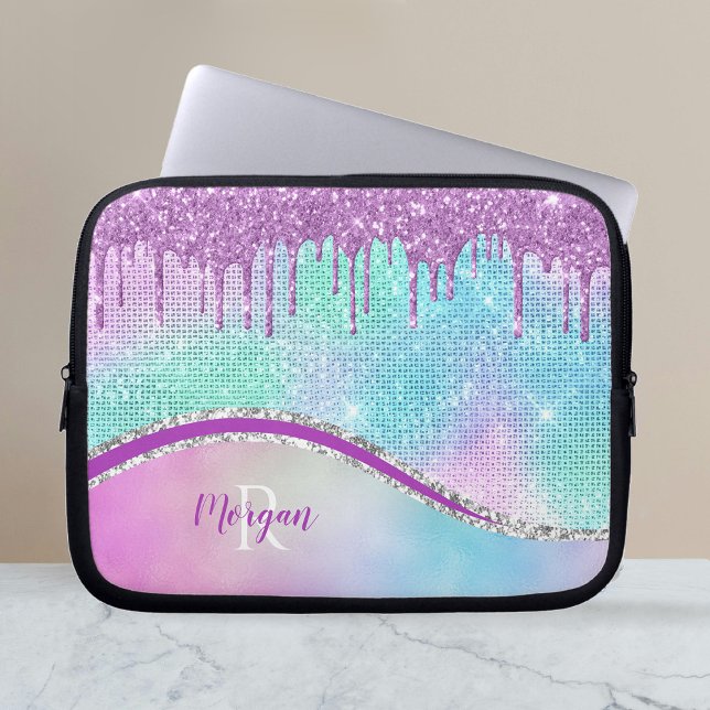 Lila Glitter, Iridescent, Namn och Monogram Laptop Fodral (Skapare uppladdad)