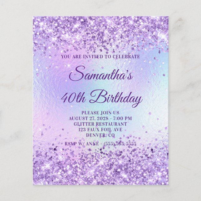 Lila Glitter Iridescent Regnbåge 40-årsfirande Flygblad (Framsidan)