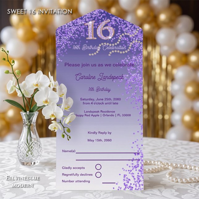 Lila glitter kalligrafi nummer Sweet 16 (Chic Sweet 16 invite with an easy-to-tear perforated RSVP card. Purple Glitter Celebration!)