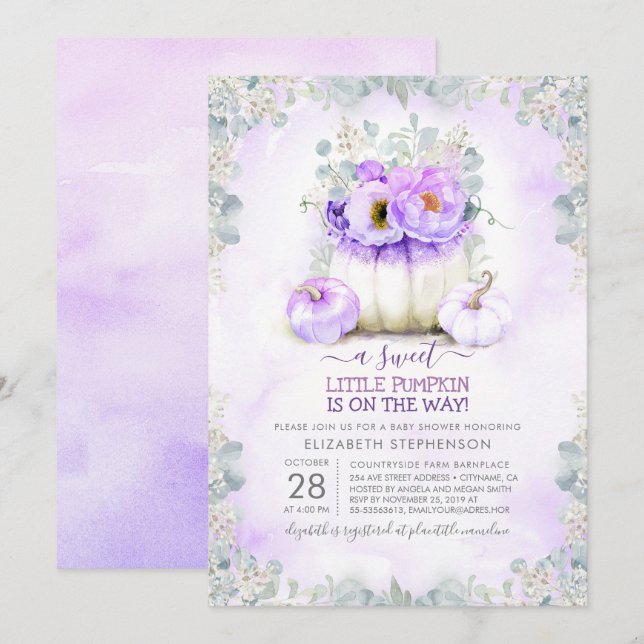 Lila Glitter Little Blommigt Pumpkin Baby Shower Inbjudningar (Fram/baksida)