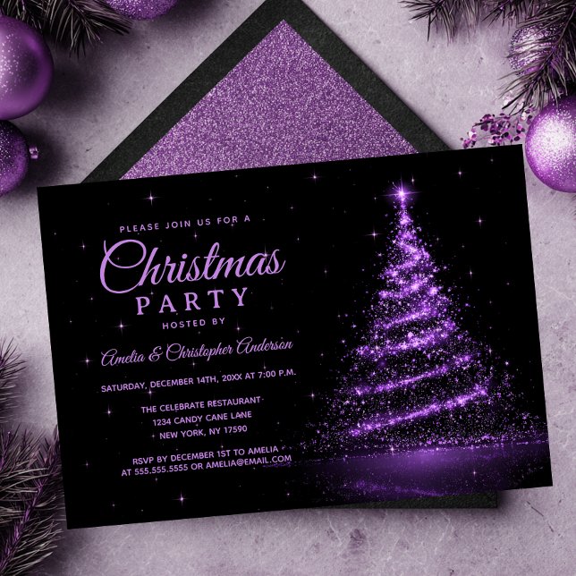 Lila Glitter Ljus Träd Julfest Inbjudningar (Skapare uppladdad)