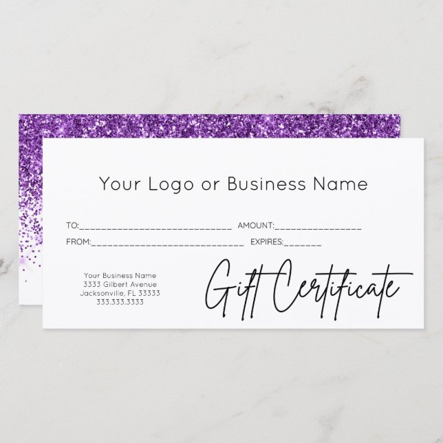 Lila Glitter Logotyp Business Gift Certificate (Fram/baksida)