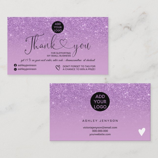 Lila glitter logotyp-miniatyrdiagram tack visitkort (Fram/baksida)