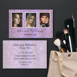 lila glitter makeup och hår 3-fotokollage visitkort