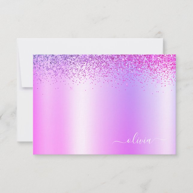 Lila Glitter Metall Monogram Glam Namn Tack Kort (Framsida)
