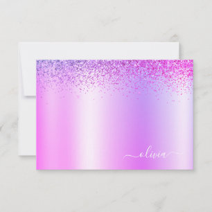 Lila Glitter Metall Monogram Glam Namn Tack Kort