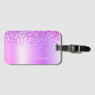 Lila glitter metall monogramnamn bagagebricka