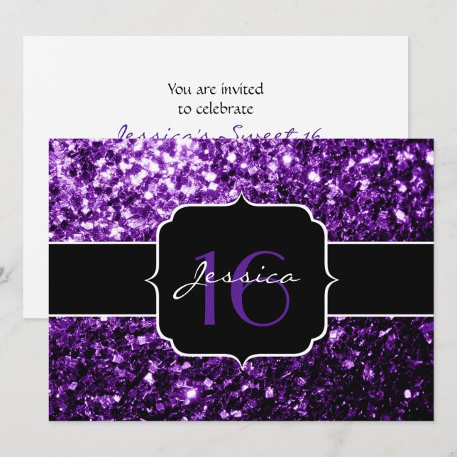 Lila glitter-miniatyrdiagram Sweet 16-inbjudan Inbjudningar (Fram/baksida)