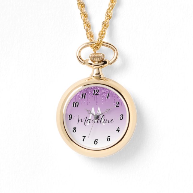 Lila Glitter Monogram Armbandsur (Framsida)