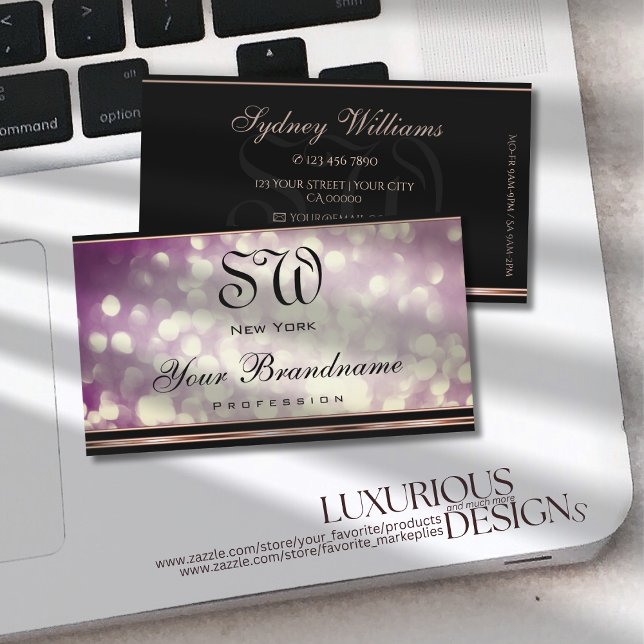 Lila Glitter Monogram Black Ro Guld Gräns Visitkort (Skapare uppladdad)