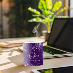 Lila glitter monogram initialer namn kaffemugg