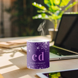 Lila glitter monogram namn kaffemugg