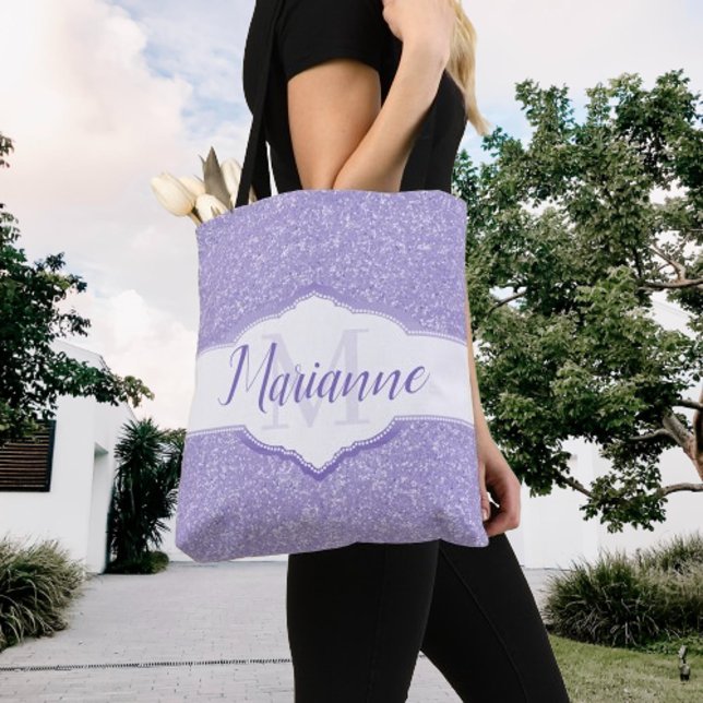Lila Glitter Monogram Tote Bag Tygkasse (Purple Glitter Monogram Tote Bag)