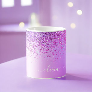 Lila Glitter Monogramnamn Lyxig Tjej Kaffemugg