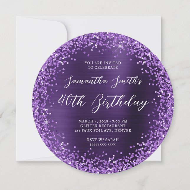 Lila Glitter Mörk Violet Foil 40:e födelsedagen Inbjudningar (Framsida)