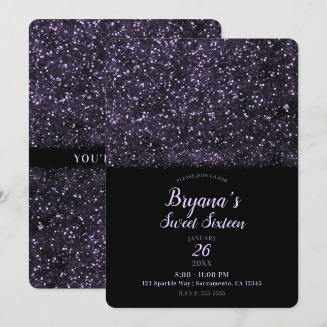 Lila Glitter mousserande Ljus Sweet 16 Party Inbjudningar (Fram/baksida)