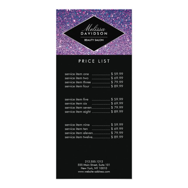 Lila Glitter och Glamor Beauty Reklamkort (Framsidan)